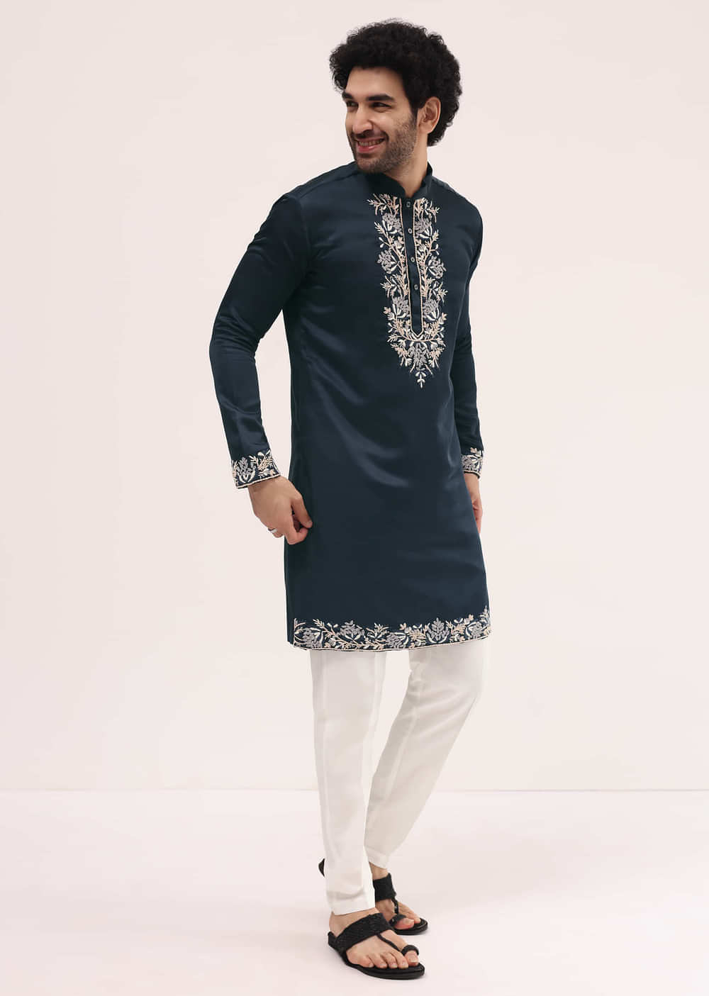 Navy Blue Linen Kurta Set In Resham Work For Men