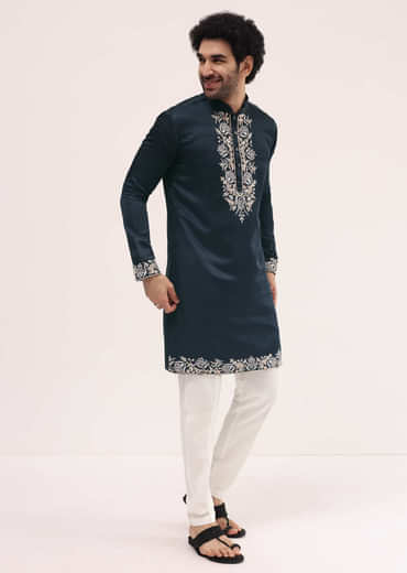 Navy Blue Linen Kurta Set In Resham Work For Men