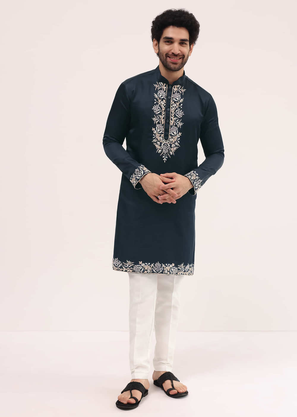 Navy Blue Linen Kurta Set In Resham Work For Men