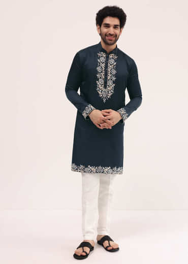 Navy Blue Linen Kurta Set In Resham Work For Men