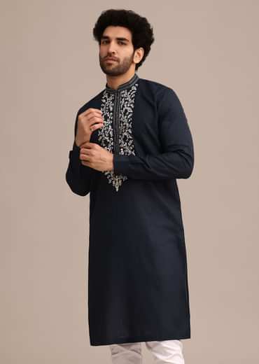 Navy Blue Linen Kurta Set With Floral Resham Handwork