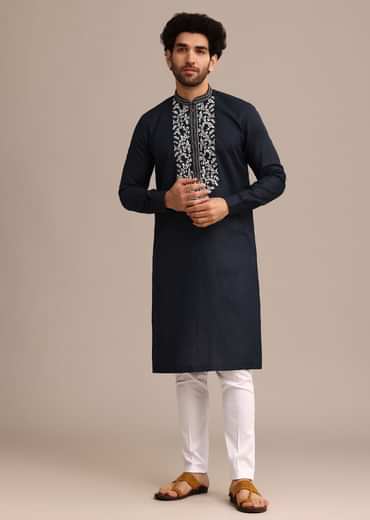 Navy Blue Linen Kurta Set With Floral Resham Handwork