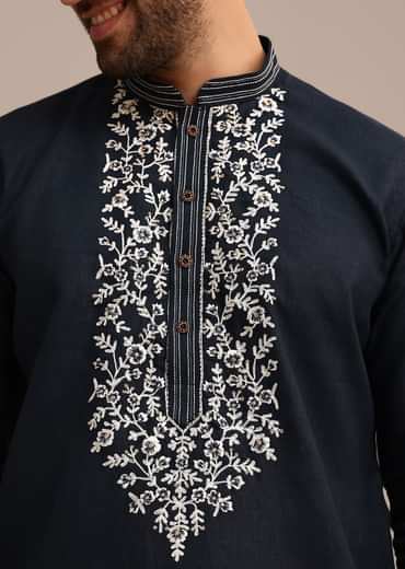 Navy Blue Linen Kurta Set With Floral Resham Handwork