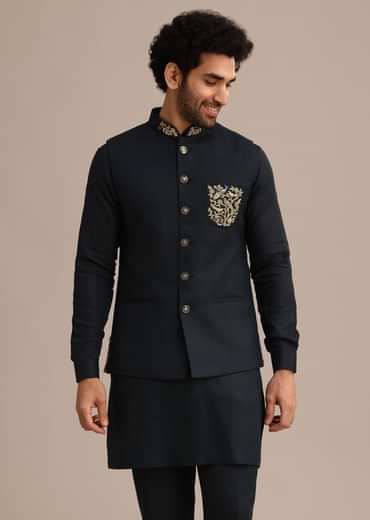 Navy Blue Linen Zardosi Embroidered Jacket Kurta Set