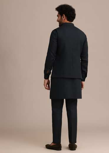 Navy Blue Linen Zardosi Embroidered Jacket Kurta Set