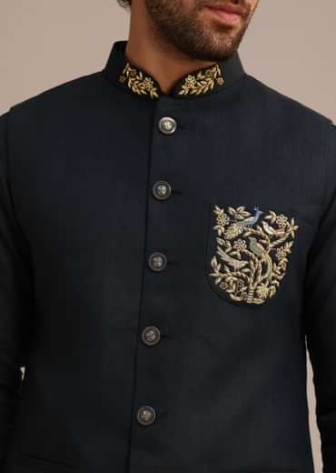 Navy Blue Linen Zardosi Embroidered Jacket Kurta Set