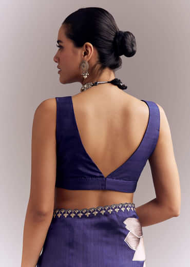 Navy Blue Organza Silk Saree With Floral Embroidery And Cutwork