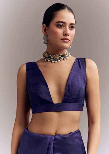 Navy Blue Organza Silk Saree With Floral Embroidery And Cutwork