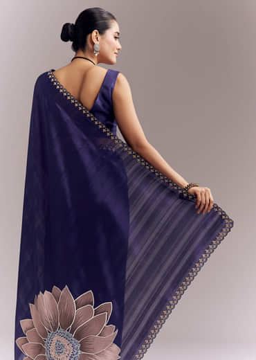 Navy Blue Organza Silk Saree With Floral Embroidery And Cutwork