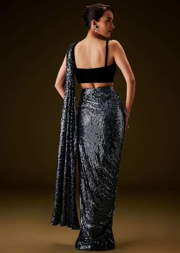 Navy Blue Sequin Velvet Saree
