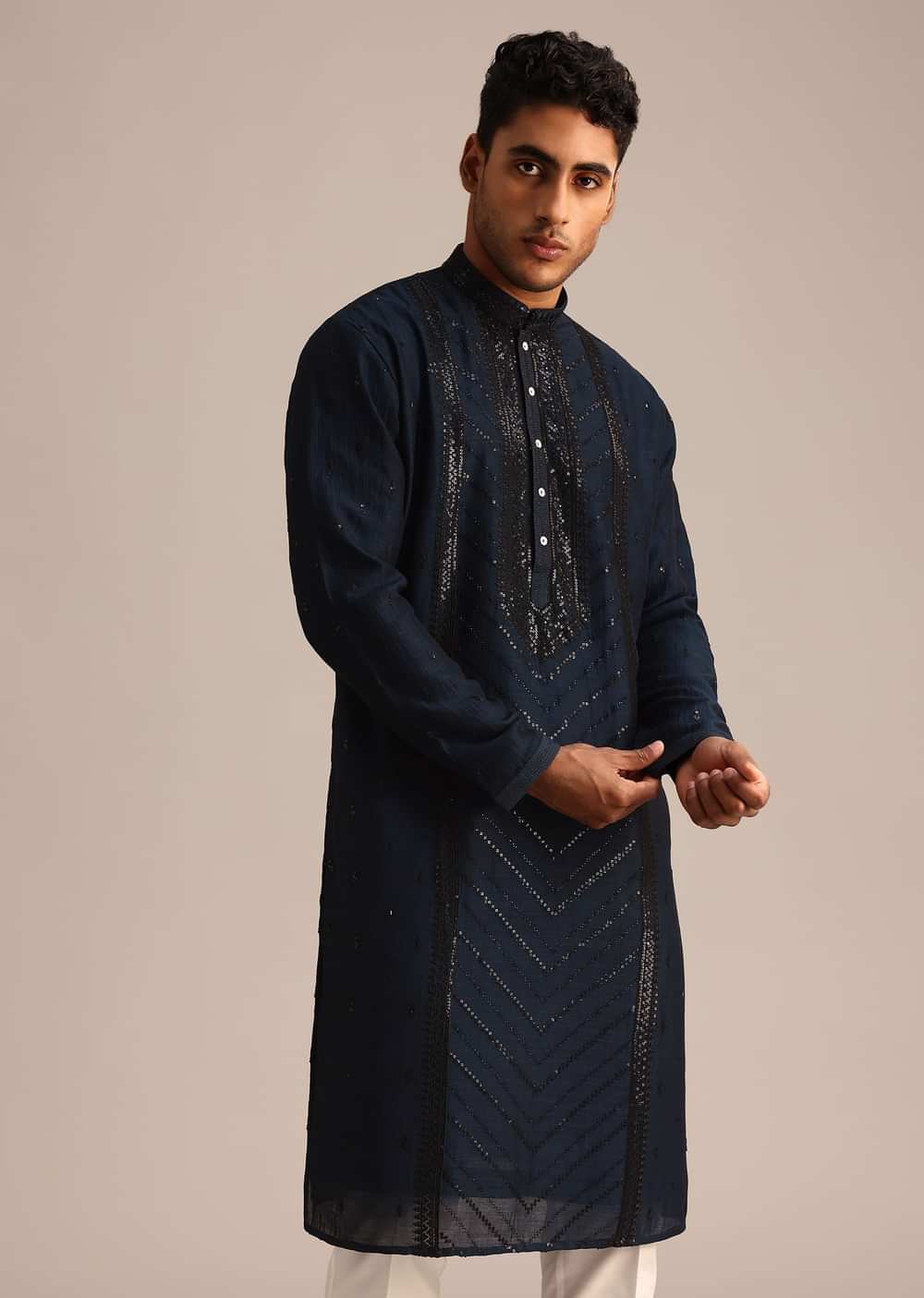 Navy Blue Sequin Work Silk Kurta Set