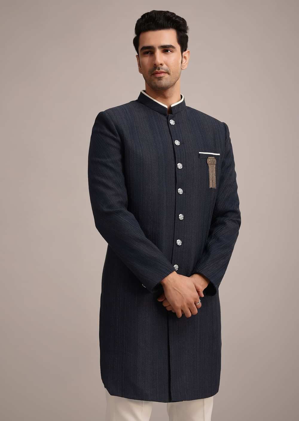 Navy Blue Sherwani Set In Silk
