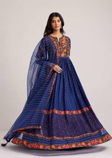 Navy Blue Silk Bandhani Anarkali With Organza Dupatta