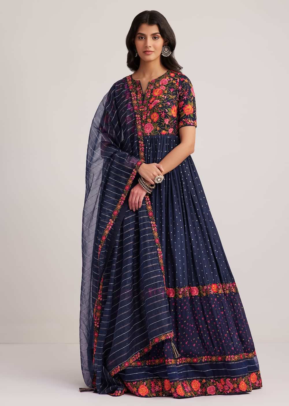 Navy Blue Silk Bandhani Anarkali With Organza Dupatta