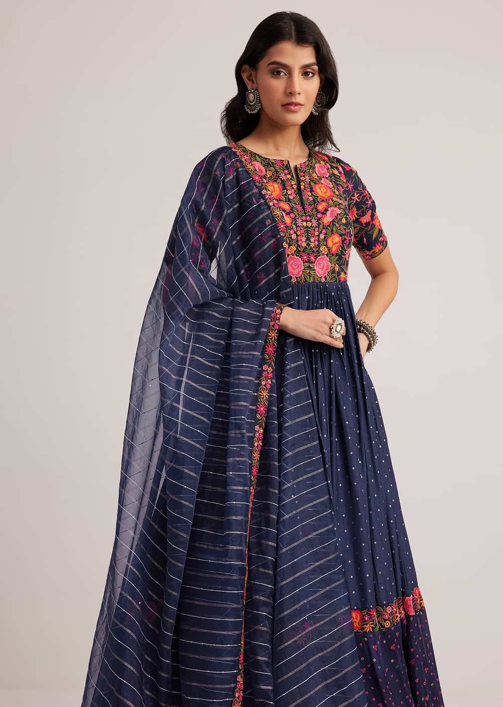Navy Blue Silk Bandhani Anarkali With Organza Dupatta