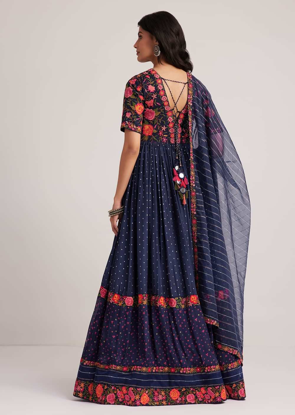 Navy Blue Silk Bandhani Anarkali With Organza Dupatta