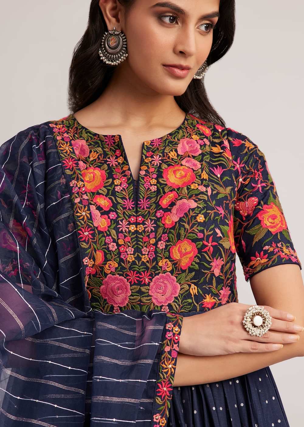 Navy Blue Silk Bandhani Anarkali With Organza Dupatta