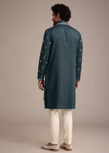 Blue Silk Blend Kurta Dupatta Set With Mirror Work