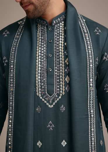 Blue Silk Blend Kurta Dupatta Set With Mirror Work