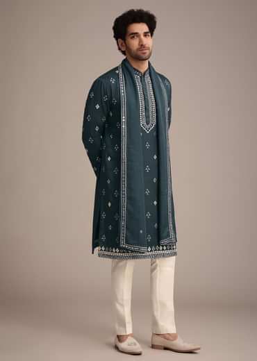 Blue Silk Blend Kurta Dupatta Set With Mirror Work