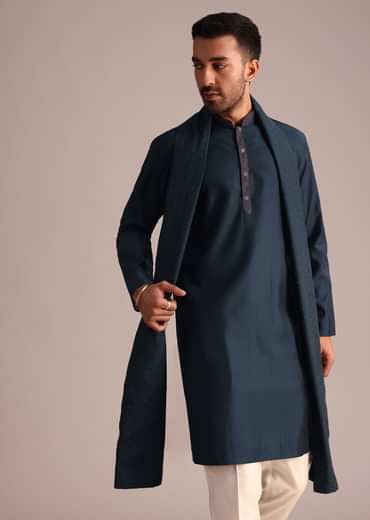 Navy Blue Silk Blend Kurta Set With Dupatta