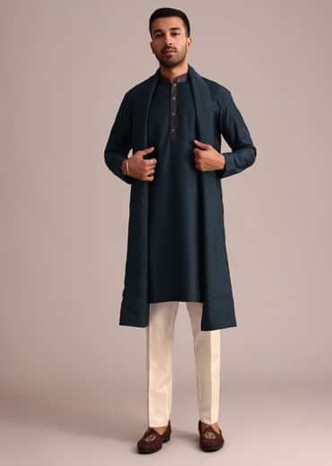 Navy Blue Silk Blend Kurta Set With Dupatta