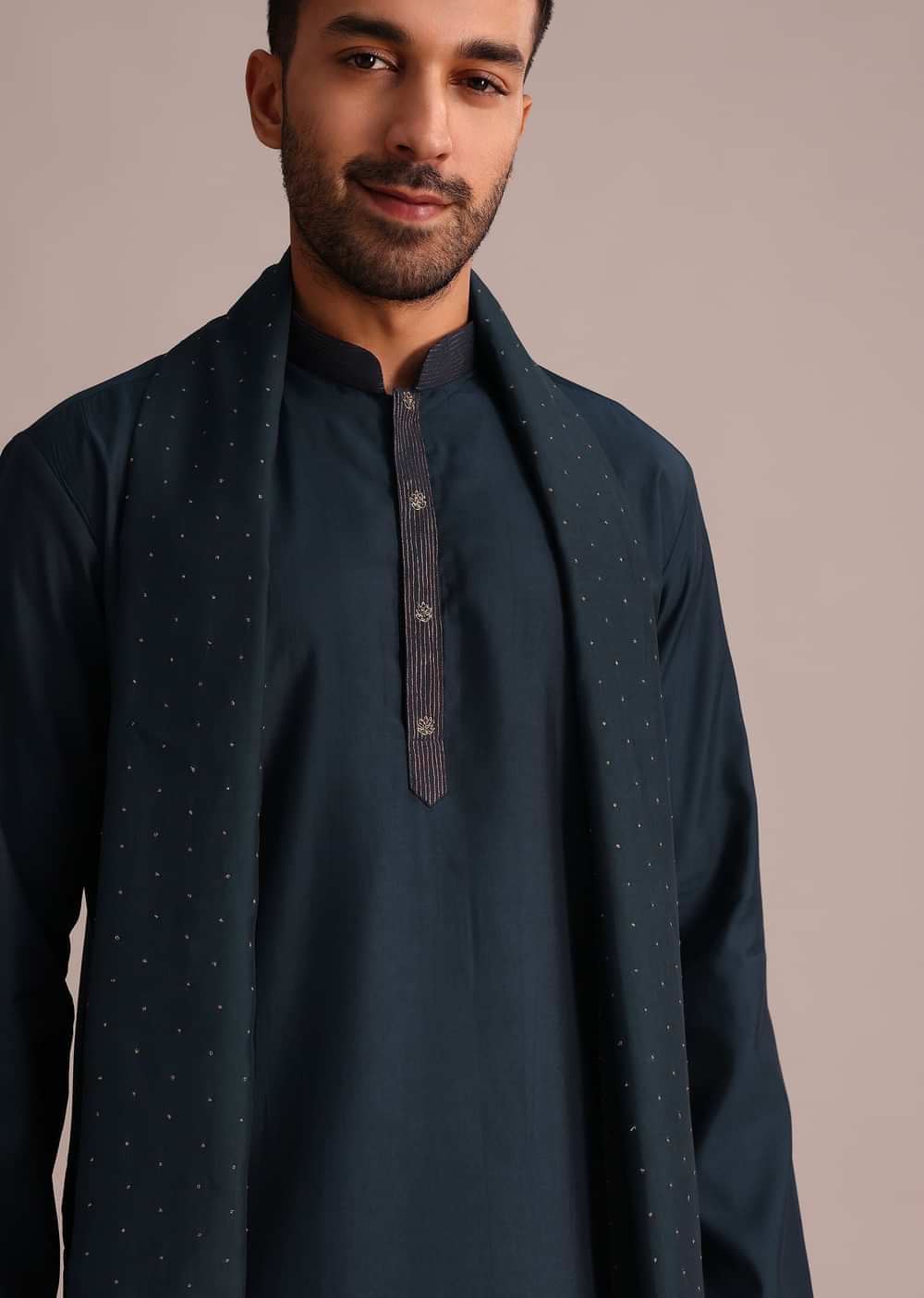 Navy Blue Silk Blend Kurta Set With Dupatta