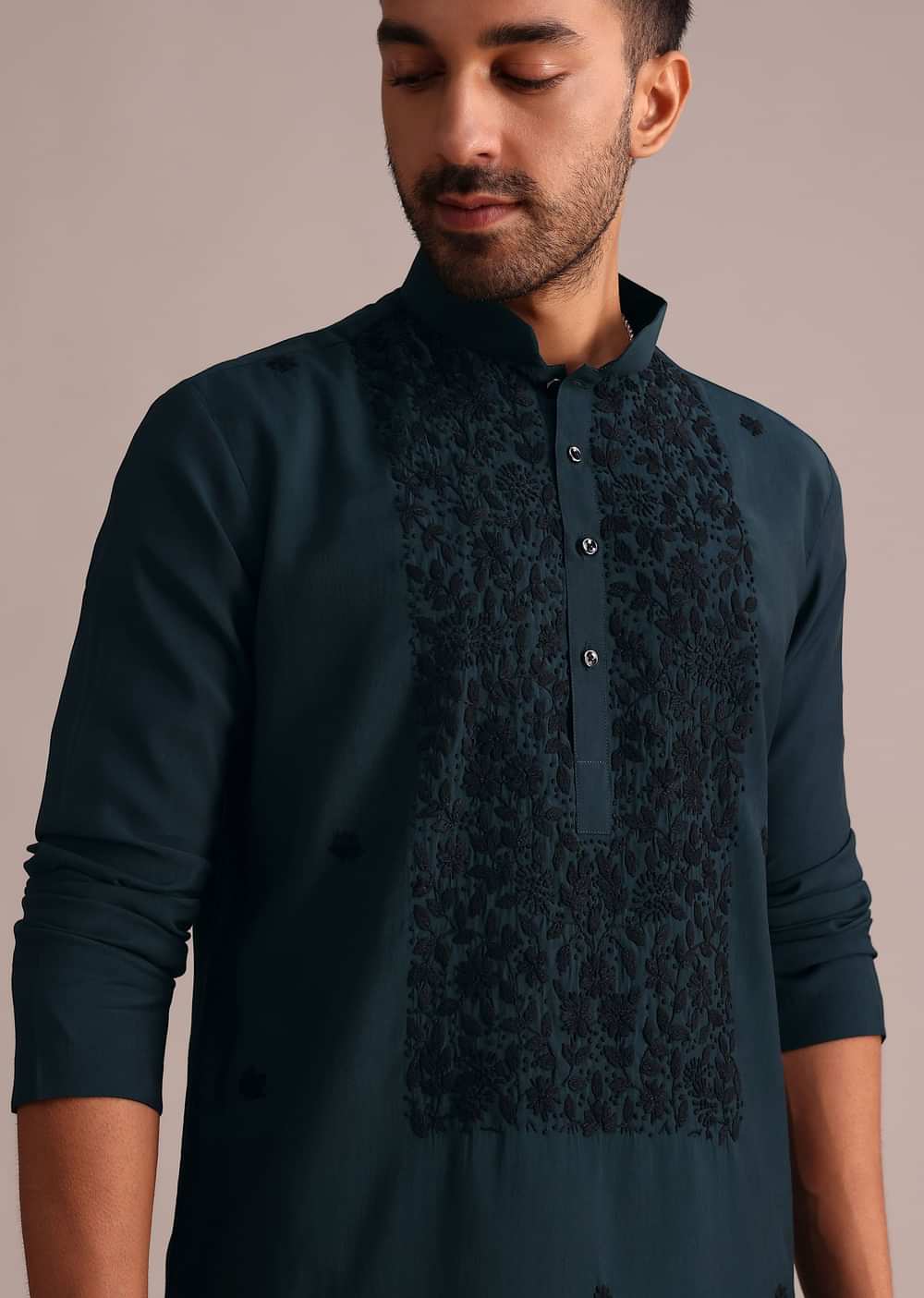 Navy Blue Silk Blend Resham Work Kurta Set