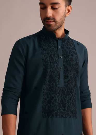 Navy Blue Silk Blend Resham Work Kurta Set