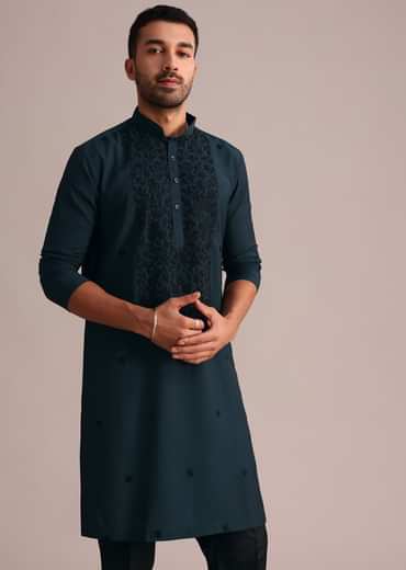 Navy Blue Silk Blend Resham Work Kurta Set