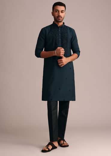 Navy Blue Silk Blend Resham Work Kurta Set