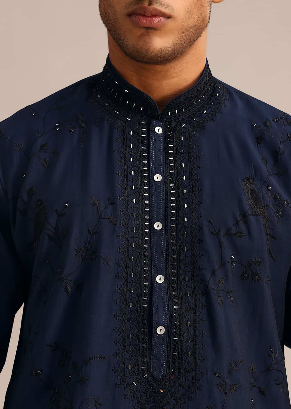 Navy Blue Silk Embroidered Kurta Set