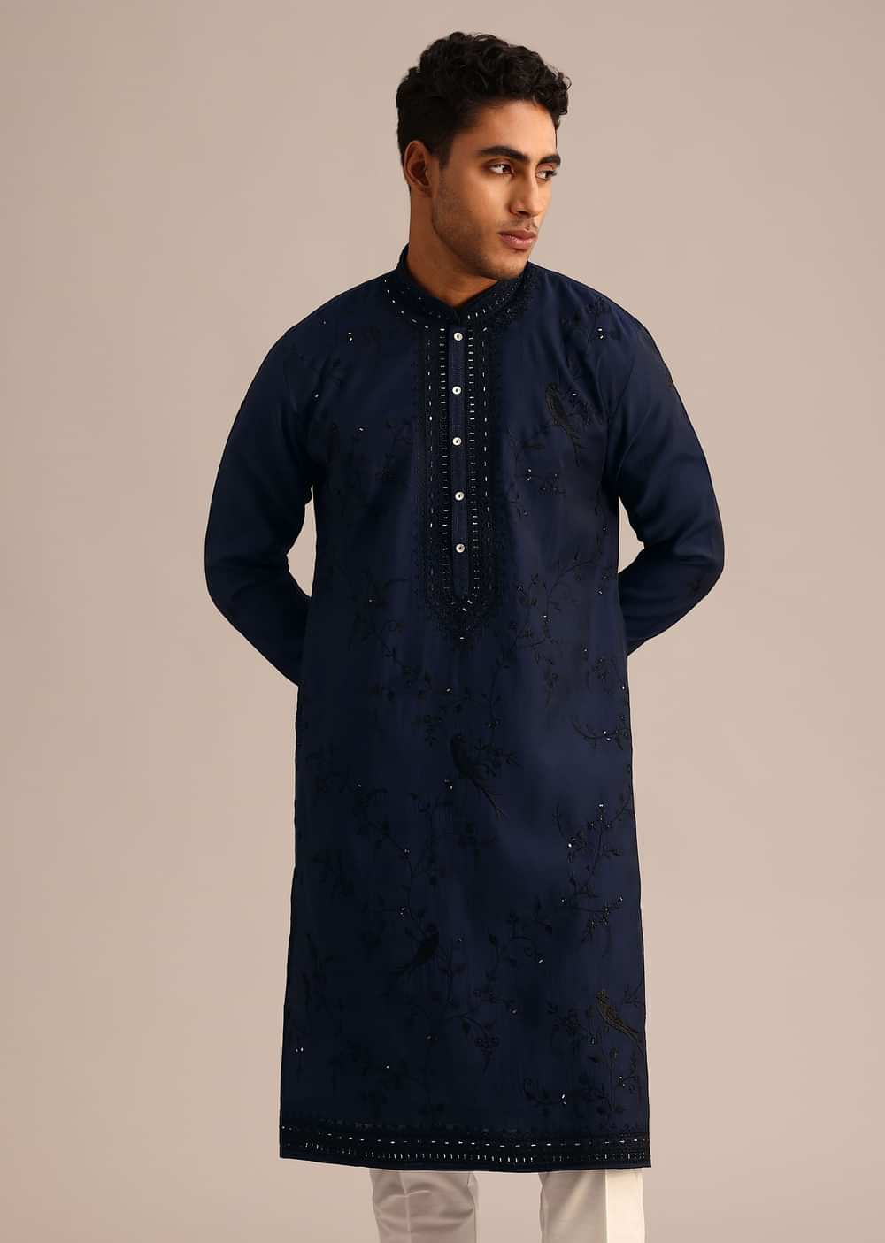 Navy Blue Silk Embroidered Kurta Set