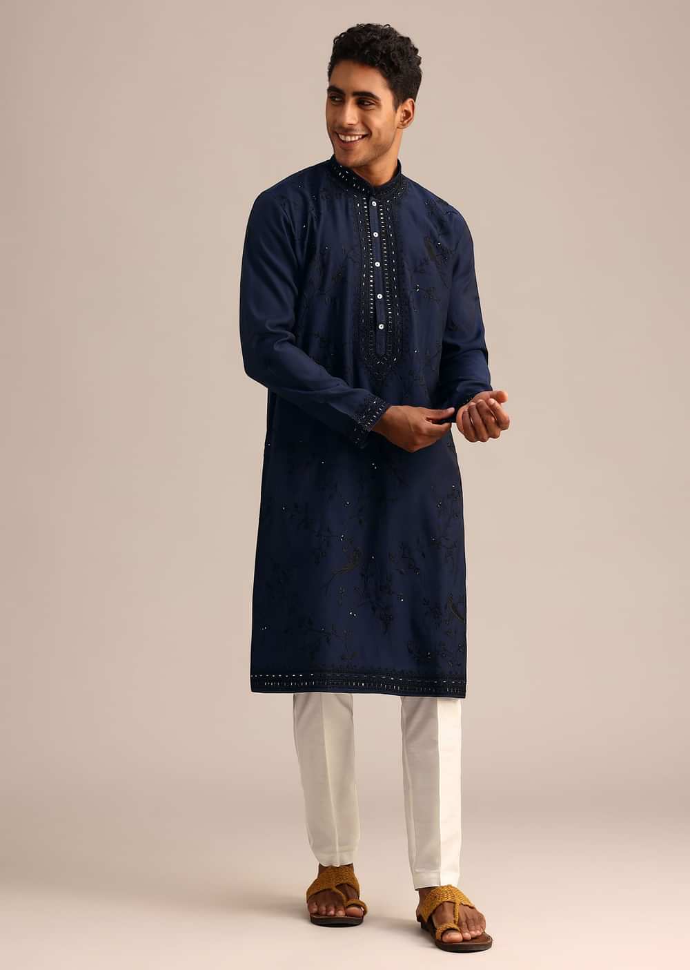 Navy Blue Silk Embroidered Kurta Set