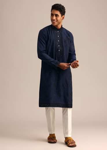 Navy Blue Silk Embroidered Kurta Set