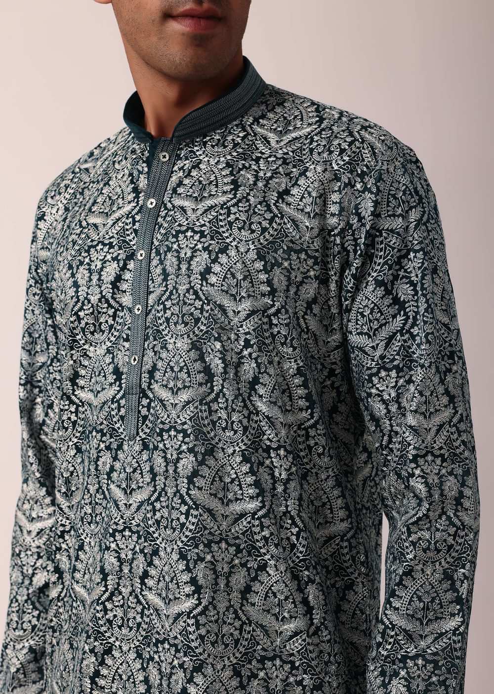 Navy Blue Silk Kurta Set For Men