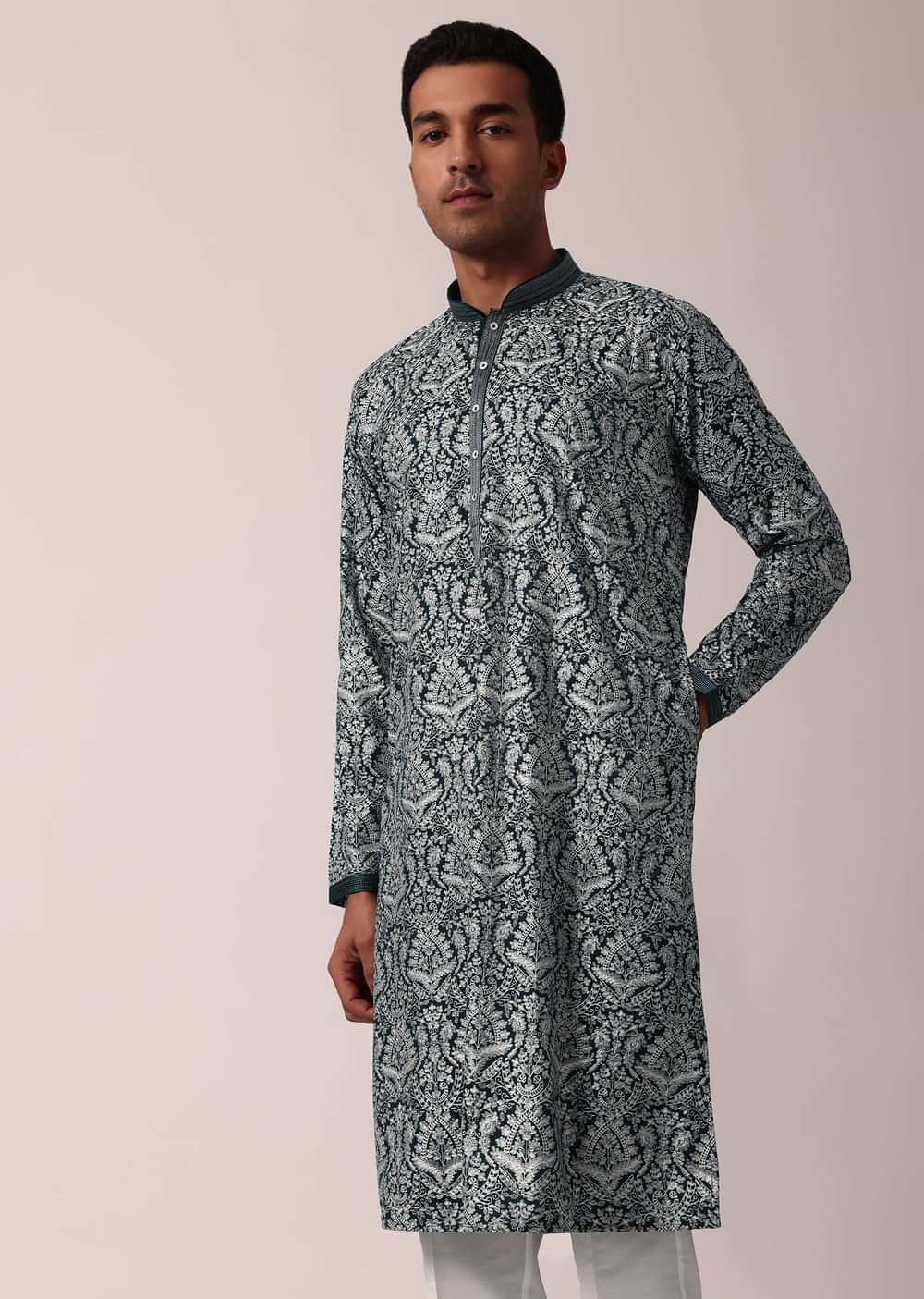 Navy Blue Silk Kurta Set For Men