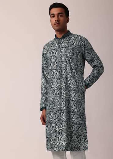 Navy Blue Silk Kurta Set For Men