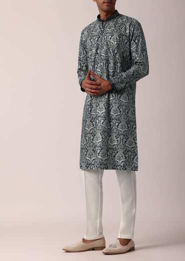 Navy Blue Silk Kurta Set For Men
