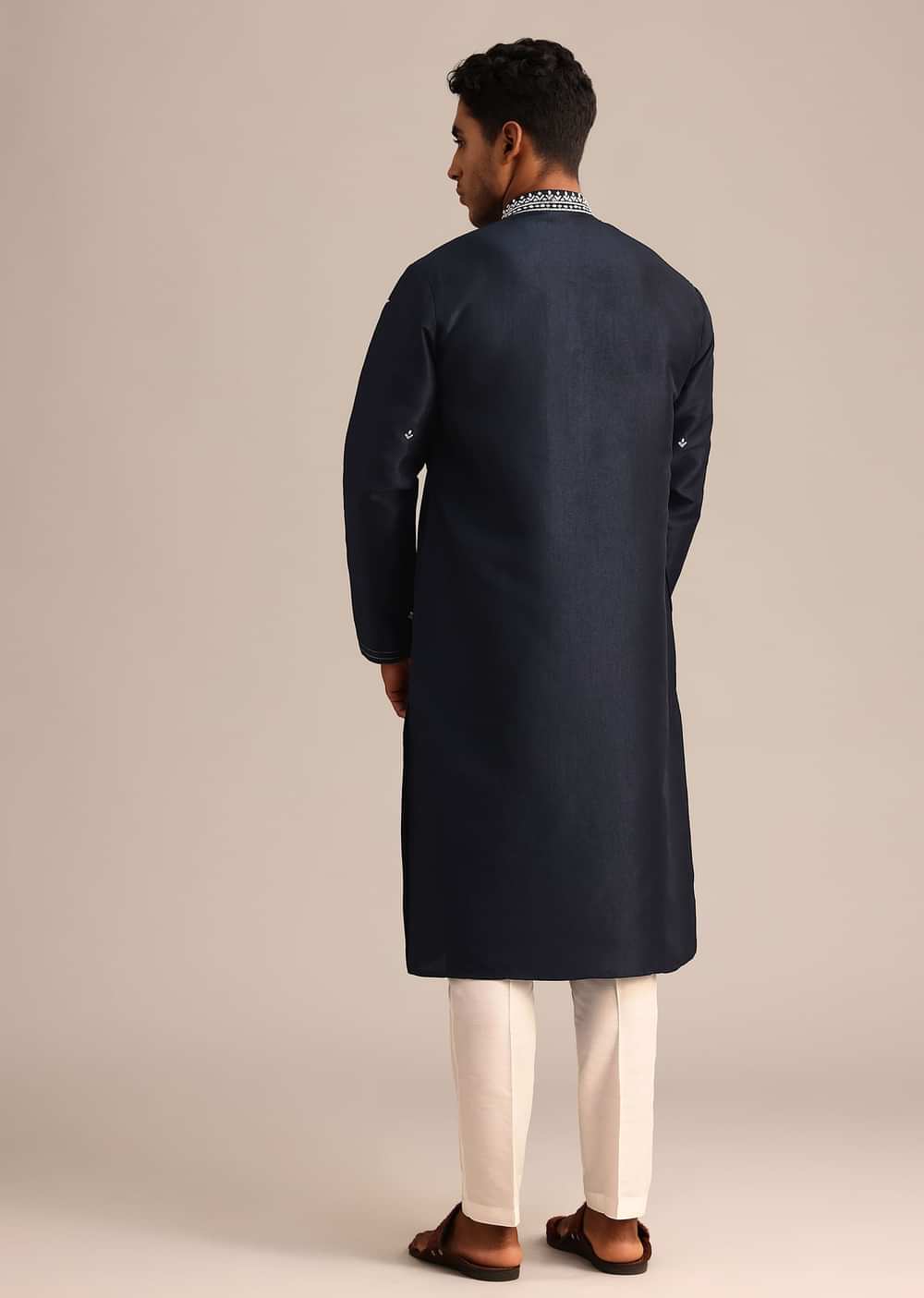 Navy Blue Silk Kurta Set With Resham Embroidered Work