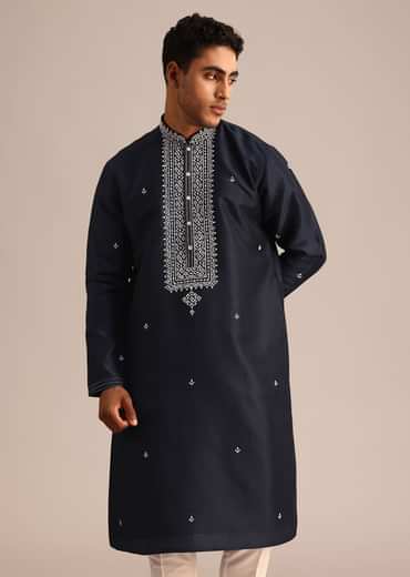 Navy Blue Silk Kurta Set With Resham Embroidered Work