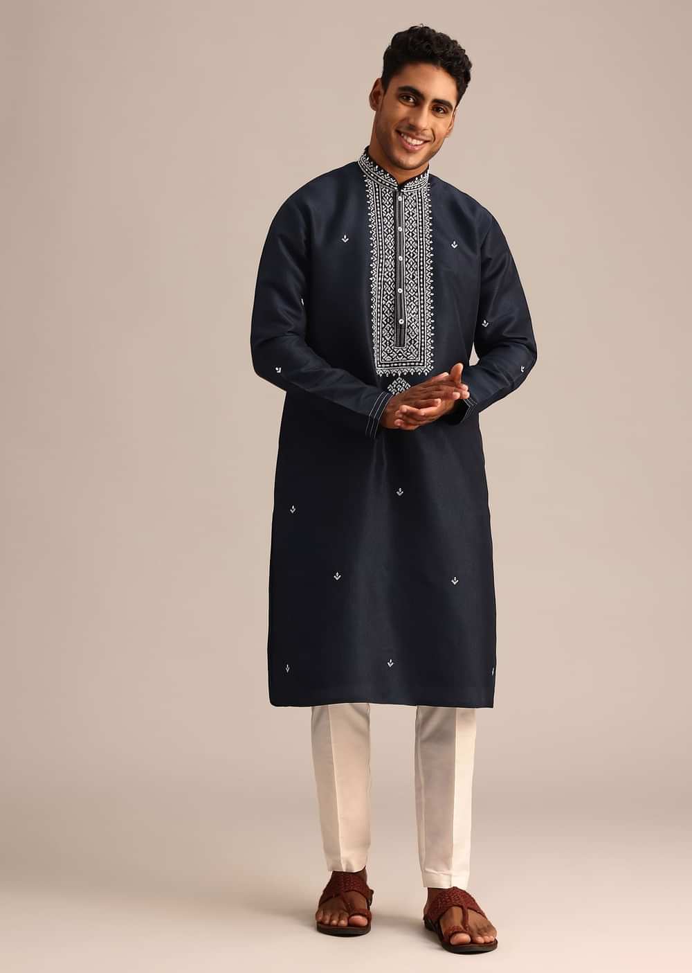 Navy Blue Silk Kurta Set With Resham Embroidered Work
