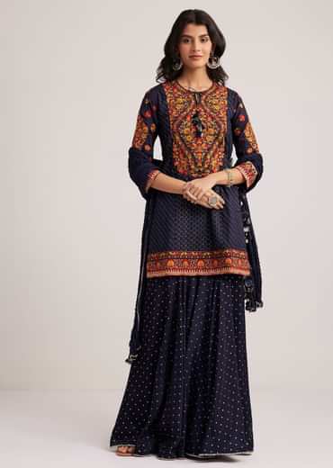 Navy Blue Silk Sharara Set