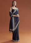 Navy Blue Tissue Saree With Scallop Border And Sequin Work