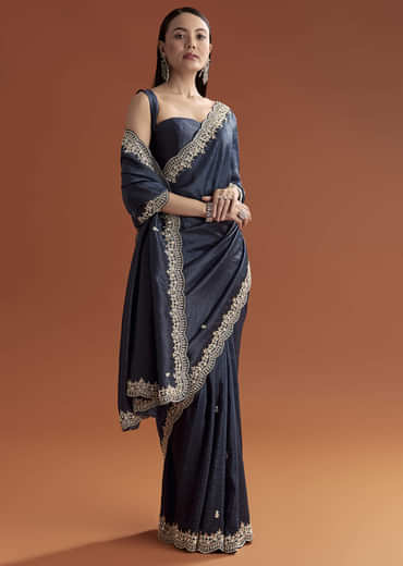 Navy Blue Tissue Saree With Scallop Border And Sequin Work