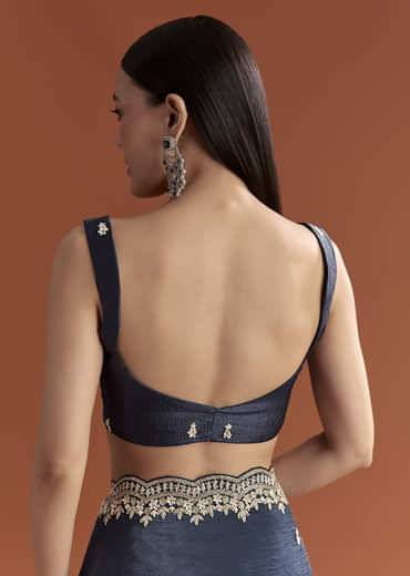 Navy Blue Tissue Saree With Scallop Border And Sequin Work