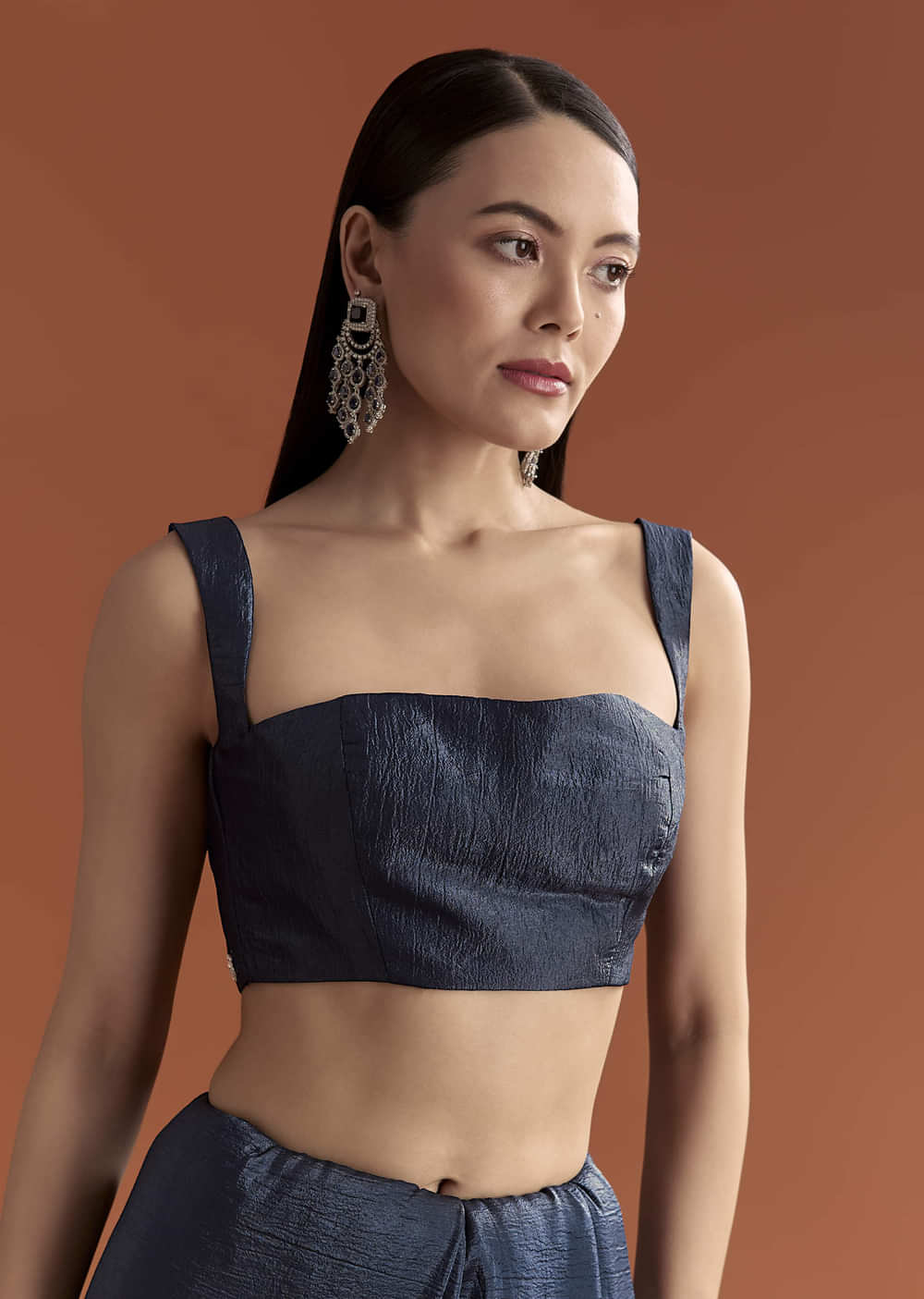 Navy Blue Tissue Saree With Scallop Border And Sequin Work