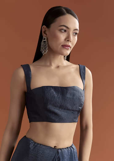 Navy Blue Tissue Saree With Scallop Border And Sequin Work