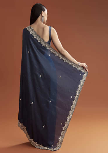 Navy Blue Tissue Saree With Scallop Border And Sequin Work