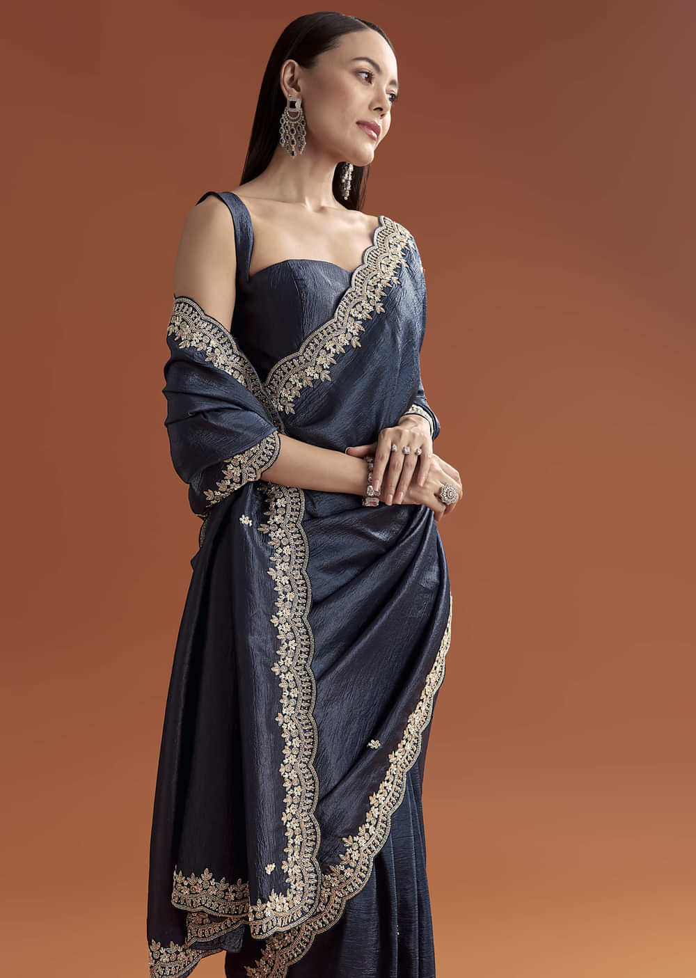 Navy Blue Tissue Saree With Scallop Border And Sequin Work